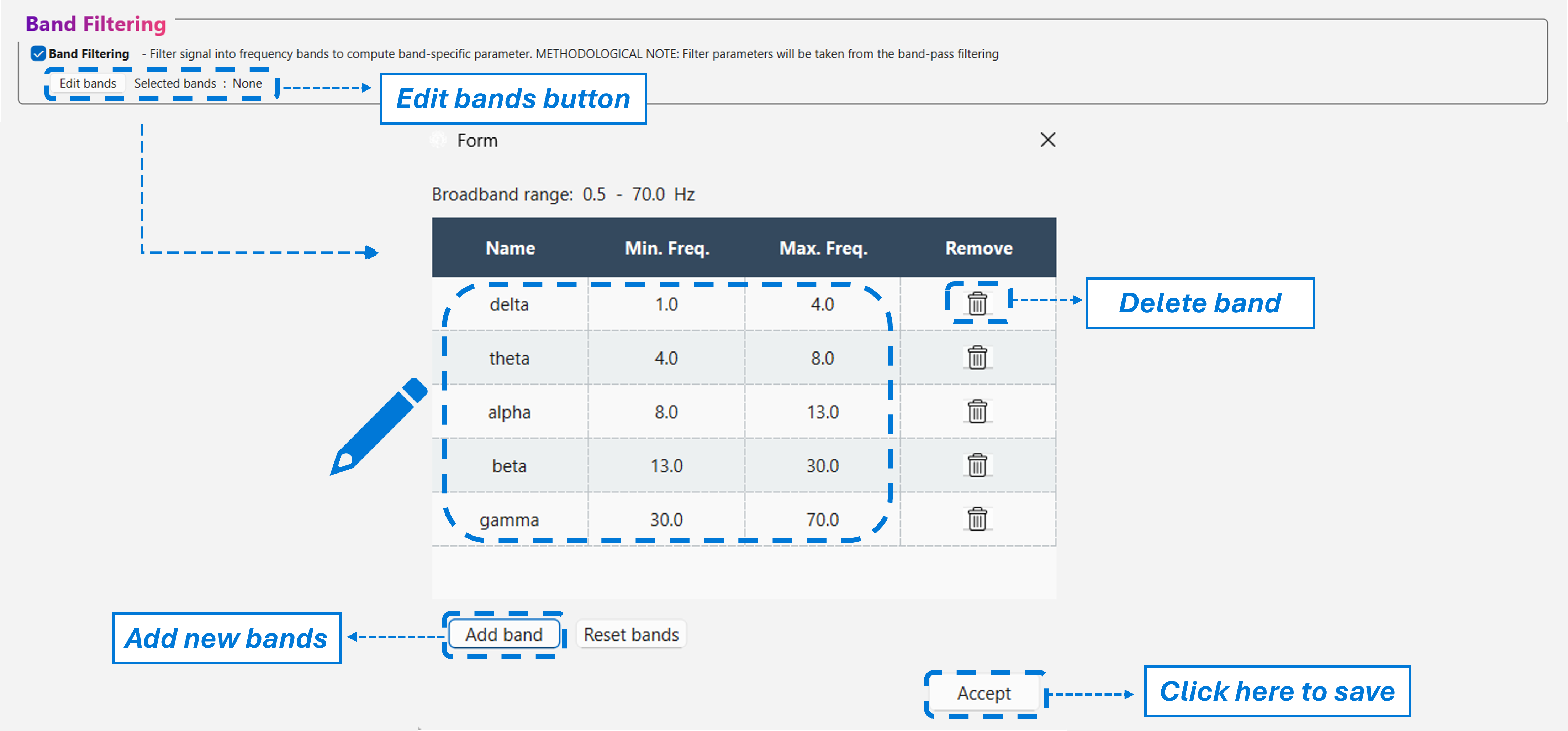 Band filtering screenshot